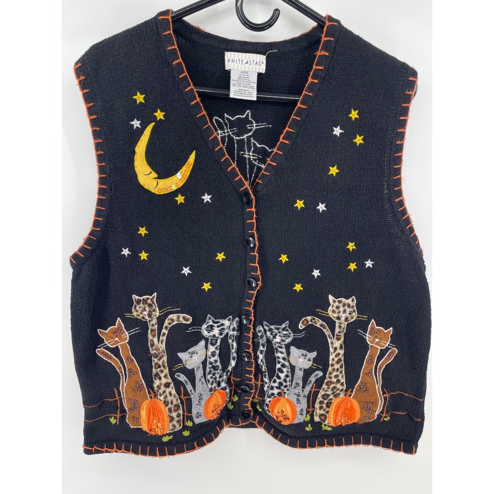 White Stag Sweater Vest Women XL Black Halloween Cats Moon Pumpkin Fun Rare